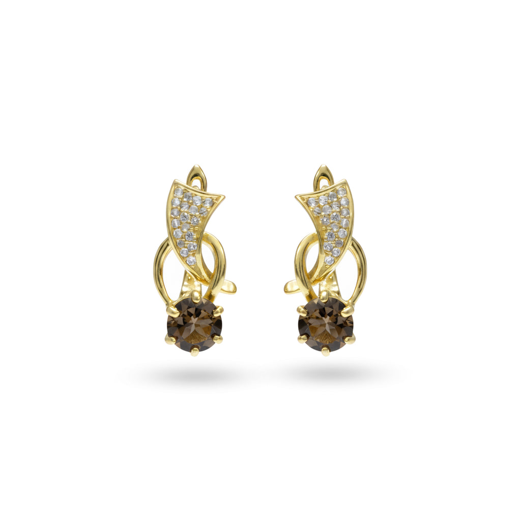 1.52 Ct Round Smoky Quartz Prong 14K Yellow Gold Over Silver Wave Huggie Earrings