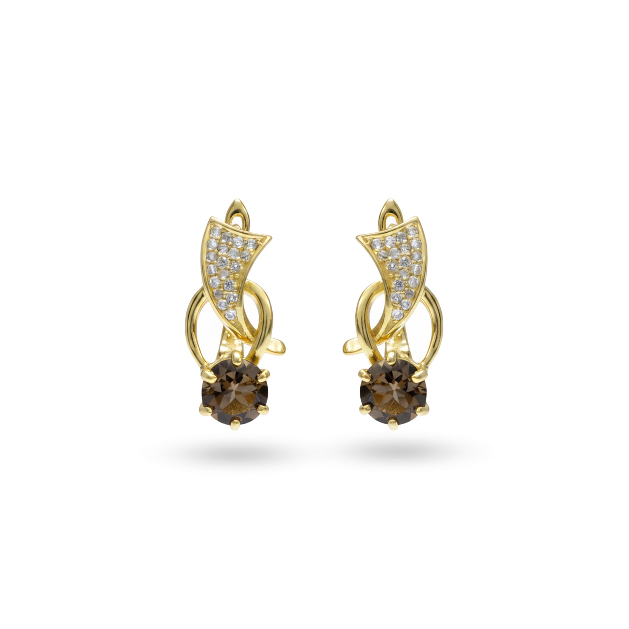 1.52 Ct Round Smoky Quartz Prong 14K Yellow Gold Over Silver Wave Huggie Earrings