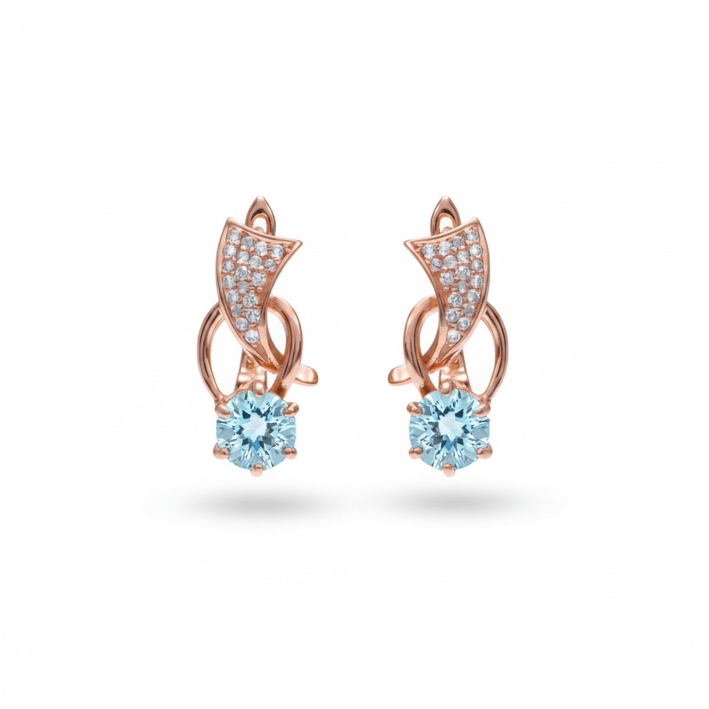 2.04 Ct Round Sky Blue Topaz Prong 14K Rose Gold Over Silver Wave Huggie Earrings