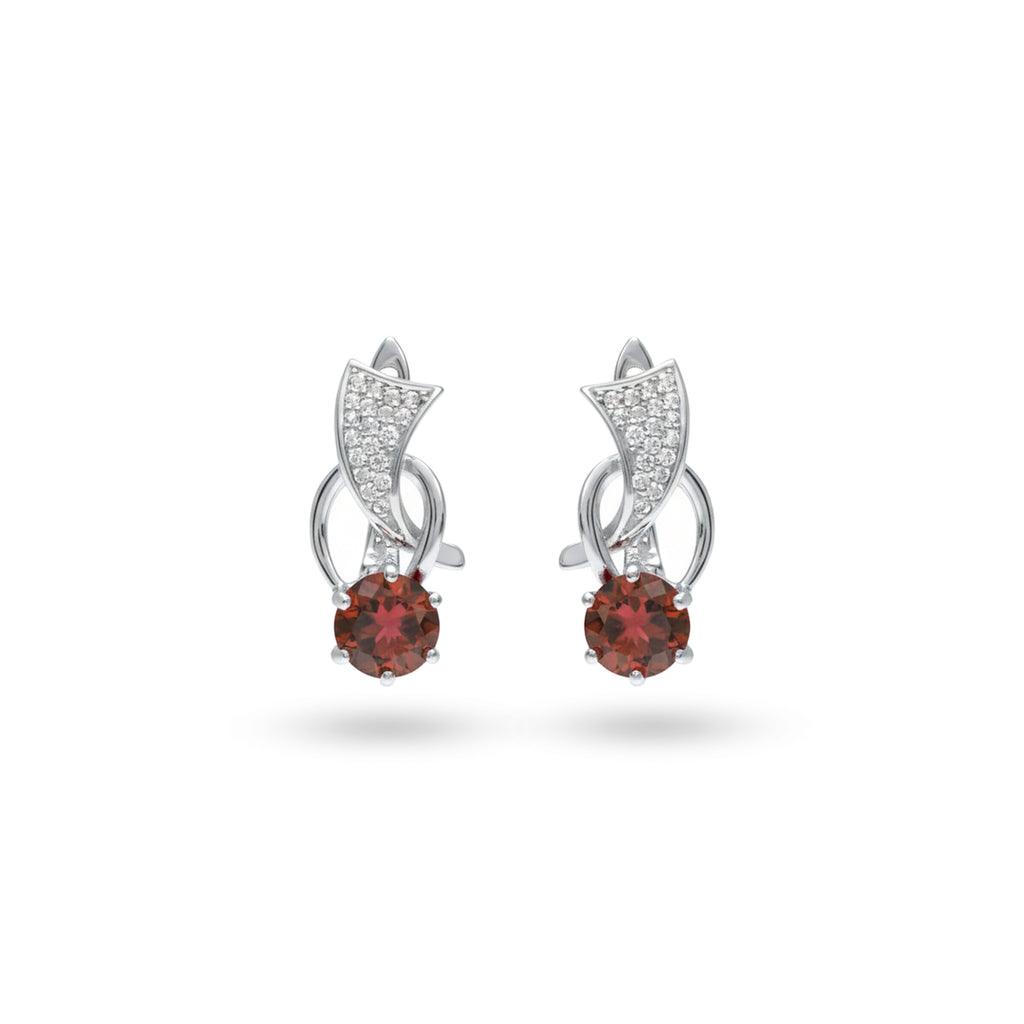 2.30 Ct Round Deep Red Garnet Prong Rhodium Over Silver Wave Huggie Earrings