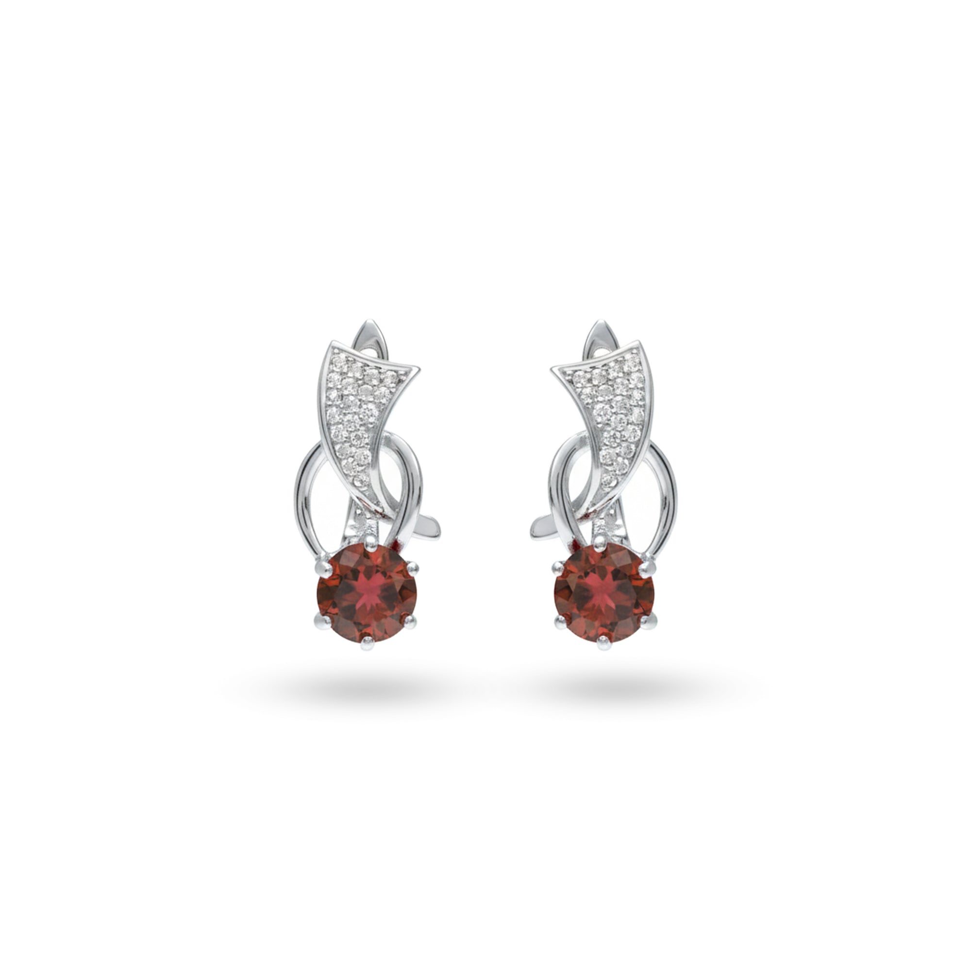 2.30 Ct Round Deep Red Garnet Prong Rhodium Over Silver Wave Huggie Earrings