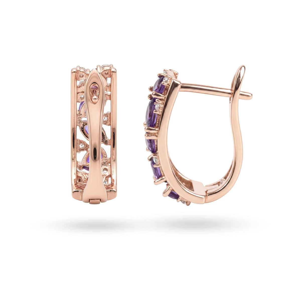 0.65 Ct Marquise Purple Amethyst Prong 14K Rose Gold Over Silver Multi Stone Vine Huggie Hoop Earrings