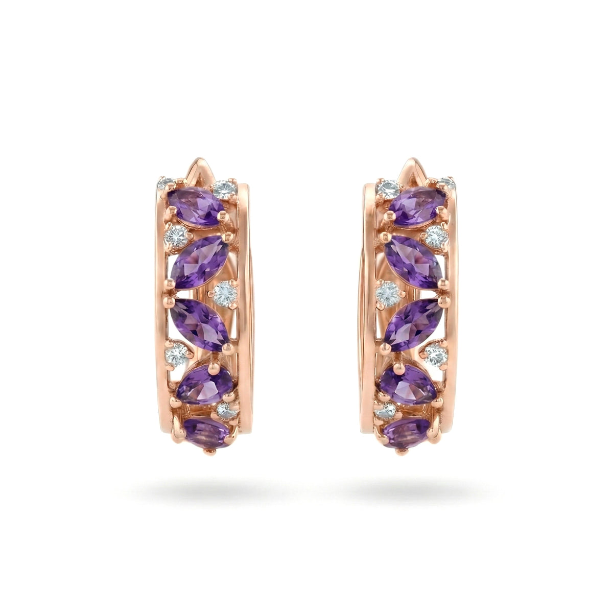0.65 Ct Marquise Purple Amethyst Prong 14K Rose Gold Over Silver Multi Stone Vine Huggie Hoop Earrings