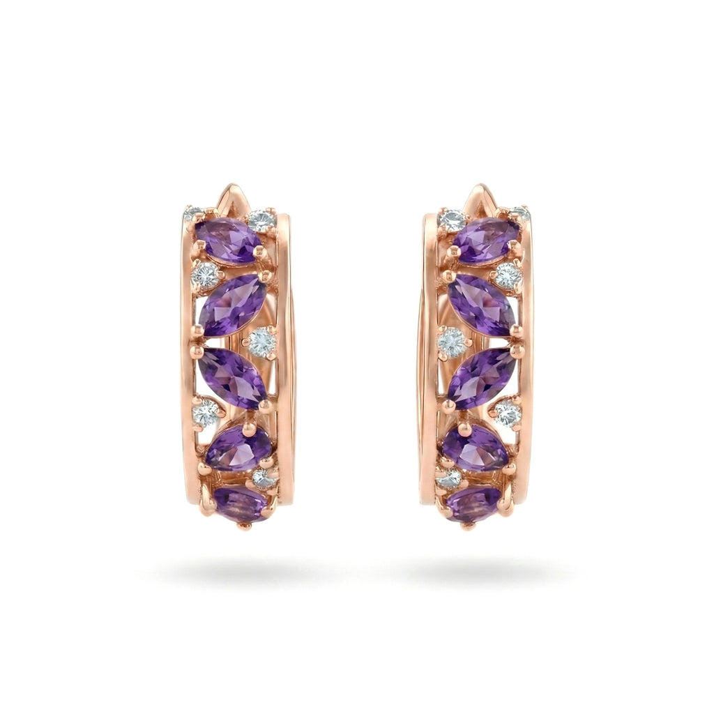 0.65 Ct Marquise Purple Amethyst Prong 14K Rose Gold Over Silver Multi Stone Vine Huggie Hoop Earrings