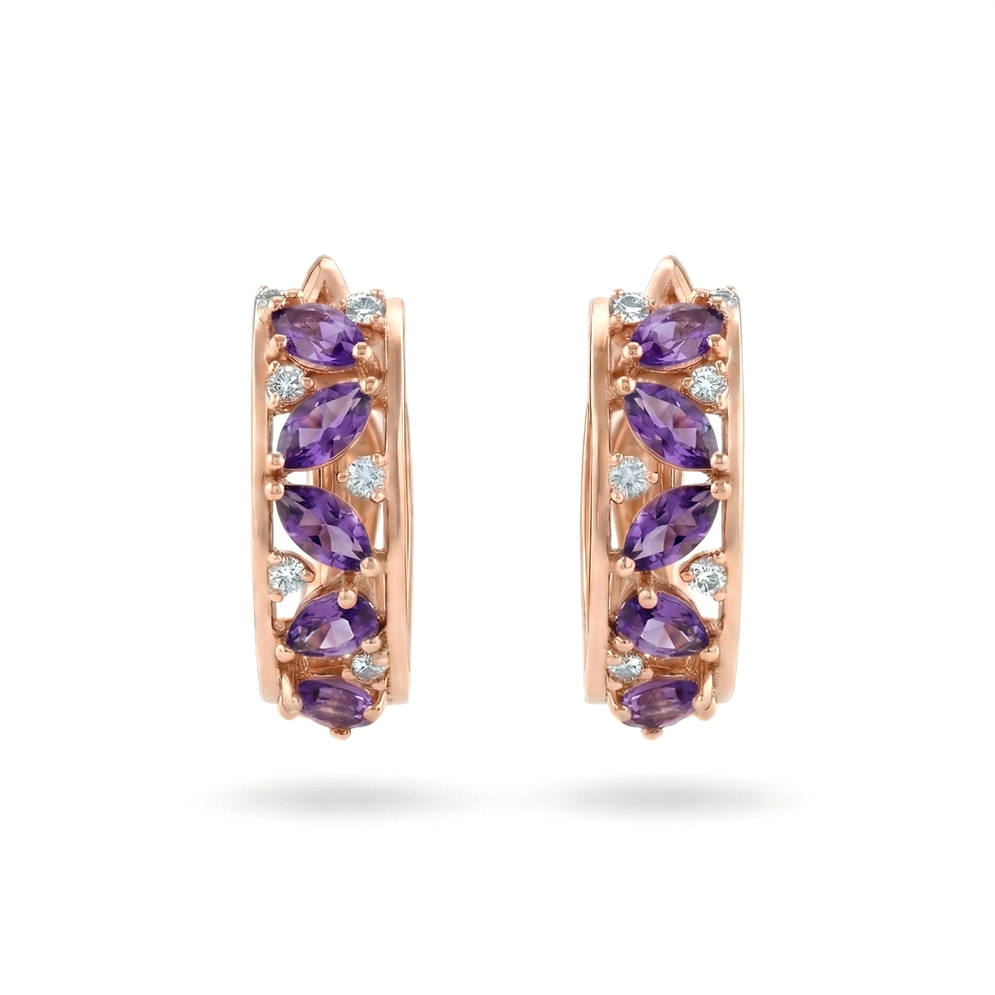 0.65 Ct Marquise Purple Amethyst Prong 14K Rose Gold Over Silver Multi Stone Vine Huggie Hoop Earrings