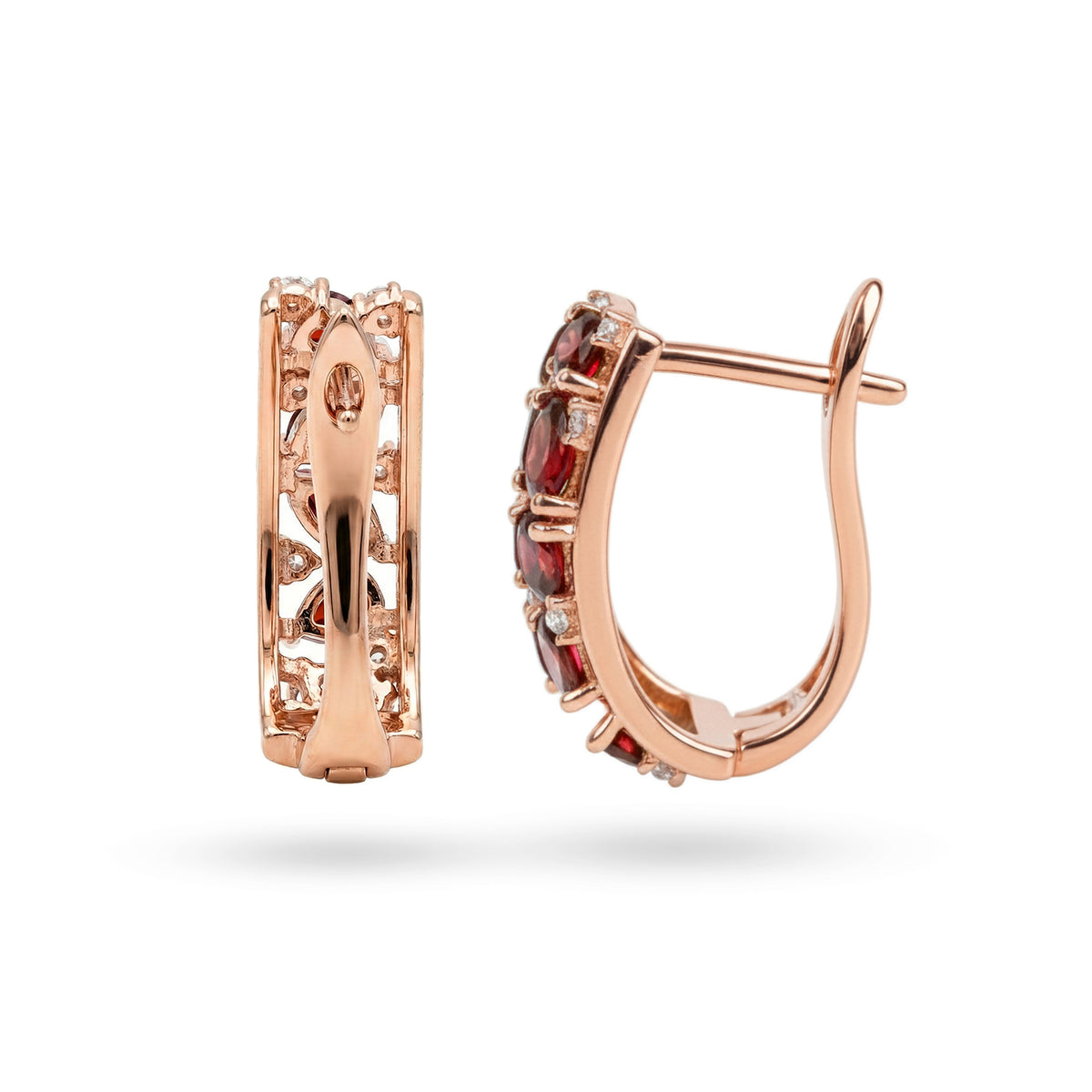 0.53 Ct Marquise Deep Red Garnet Prong 14K Rose Gold Over Silver Multi Stone Vine Huggie Hoop Earrings