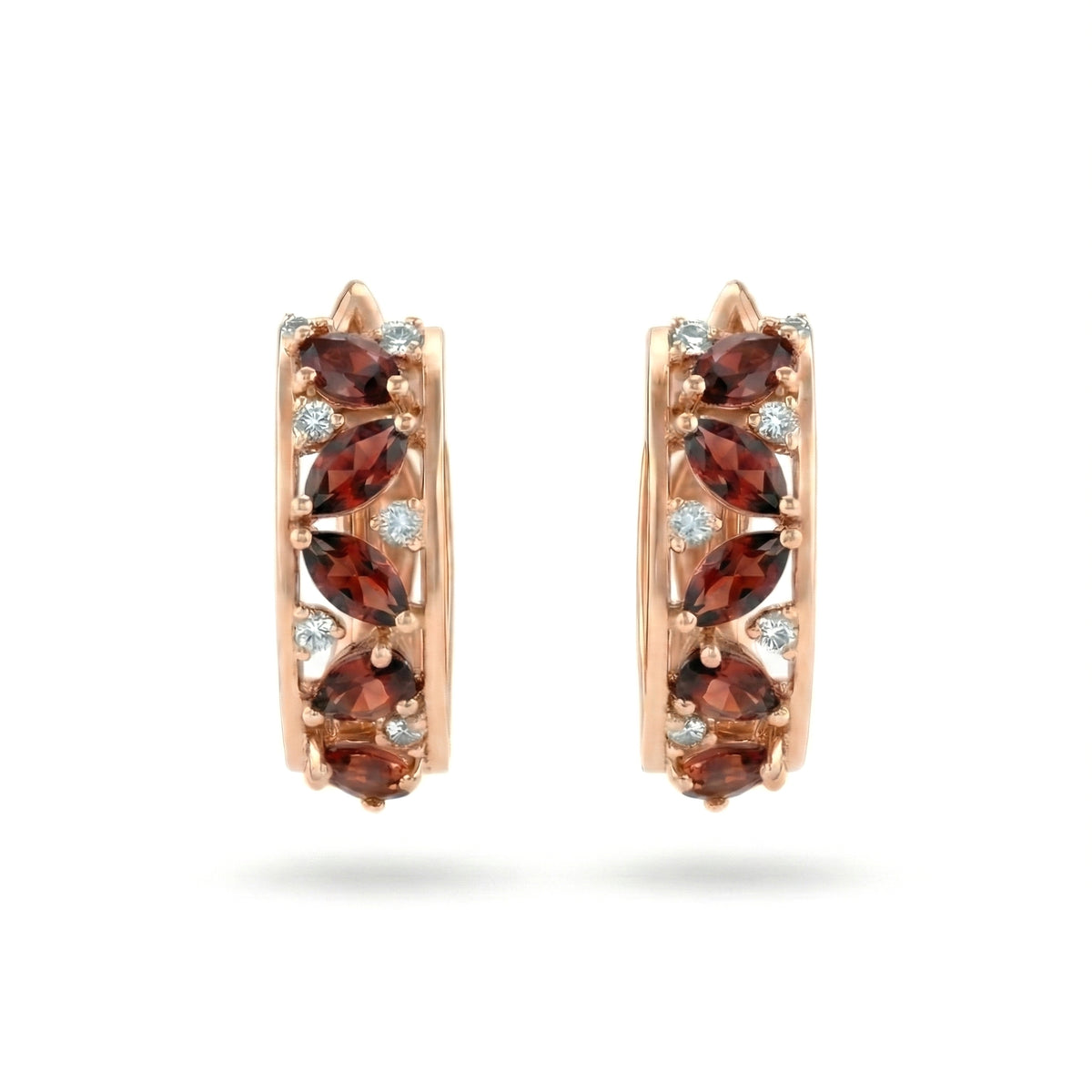 0.53 Ct Marquise Deep Red Garnet Prong 14K Rose Gold Over Silver Multi Stone Vine Huggie Hoop Earrings