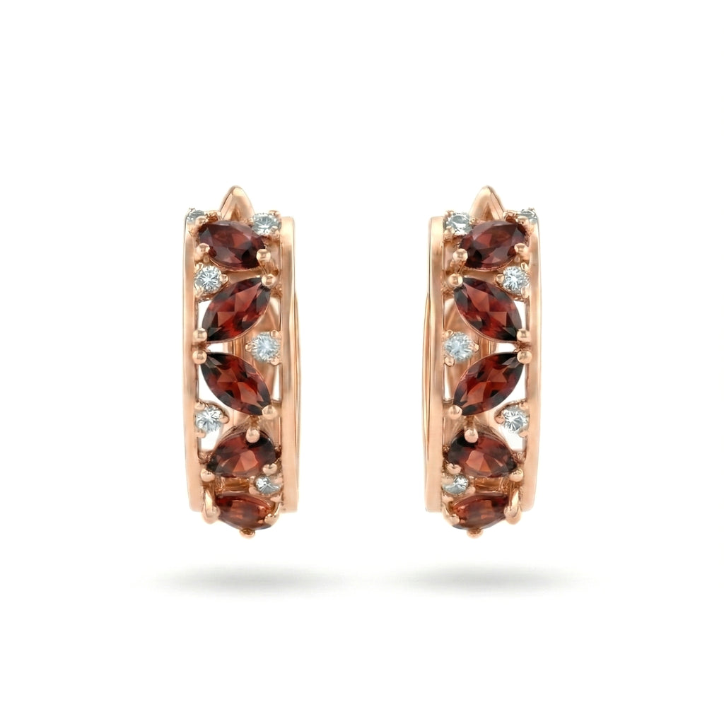 0.53 Ct Marquise Deep Red Garnet Prong 14K Rose Gold Over Silver Multi Stone Vine Huggie Hoop Earrings
