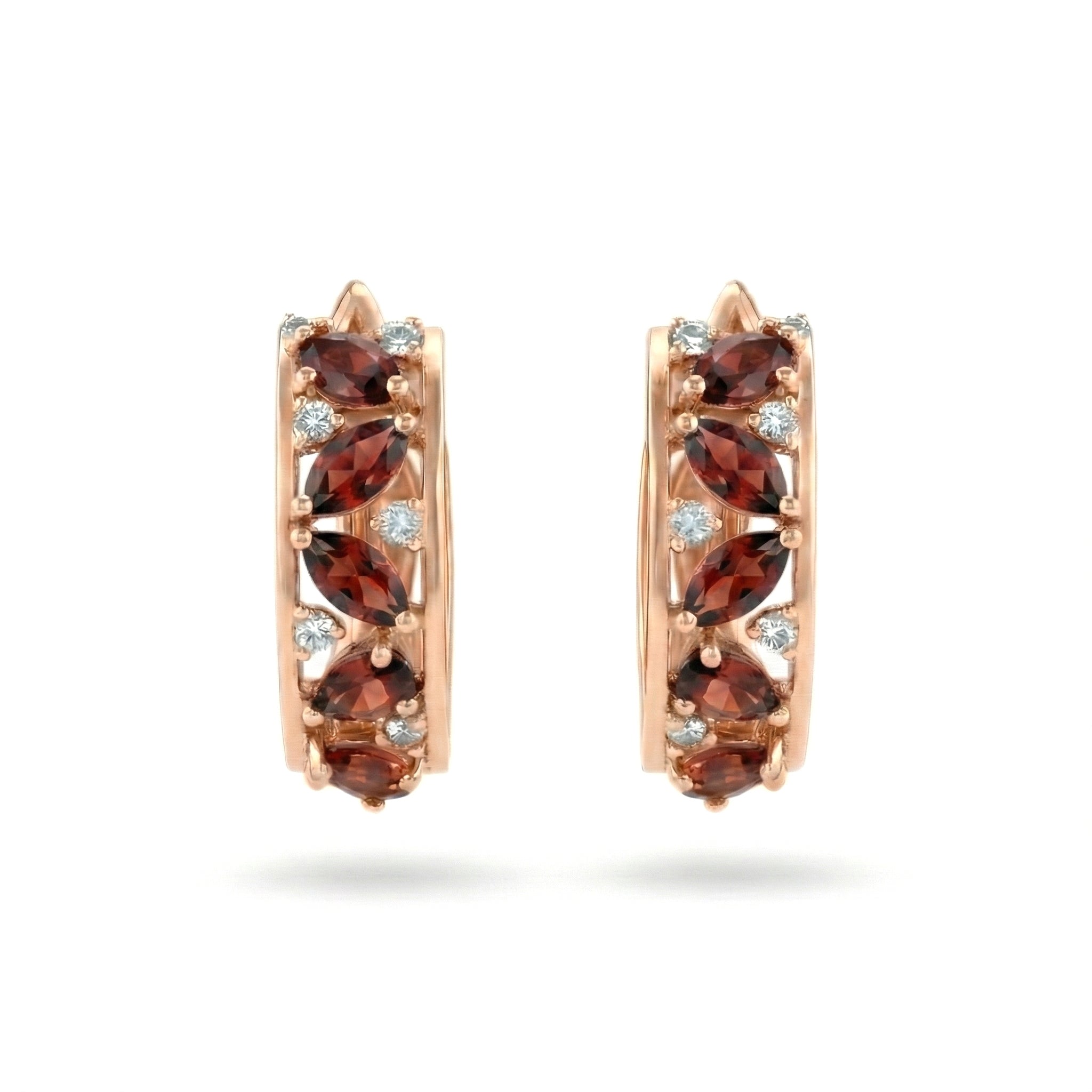 0.53 Ct Marquise Deep Red Garnet Prong 14K Rose Gold Over Silver Multi Stone Vine Huggie Hoop Earrings