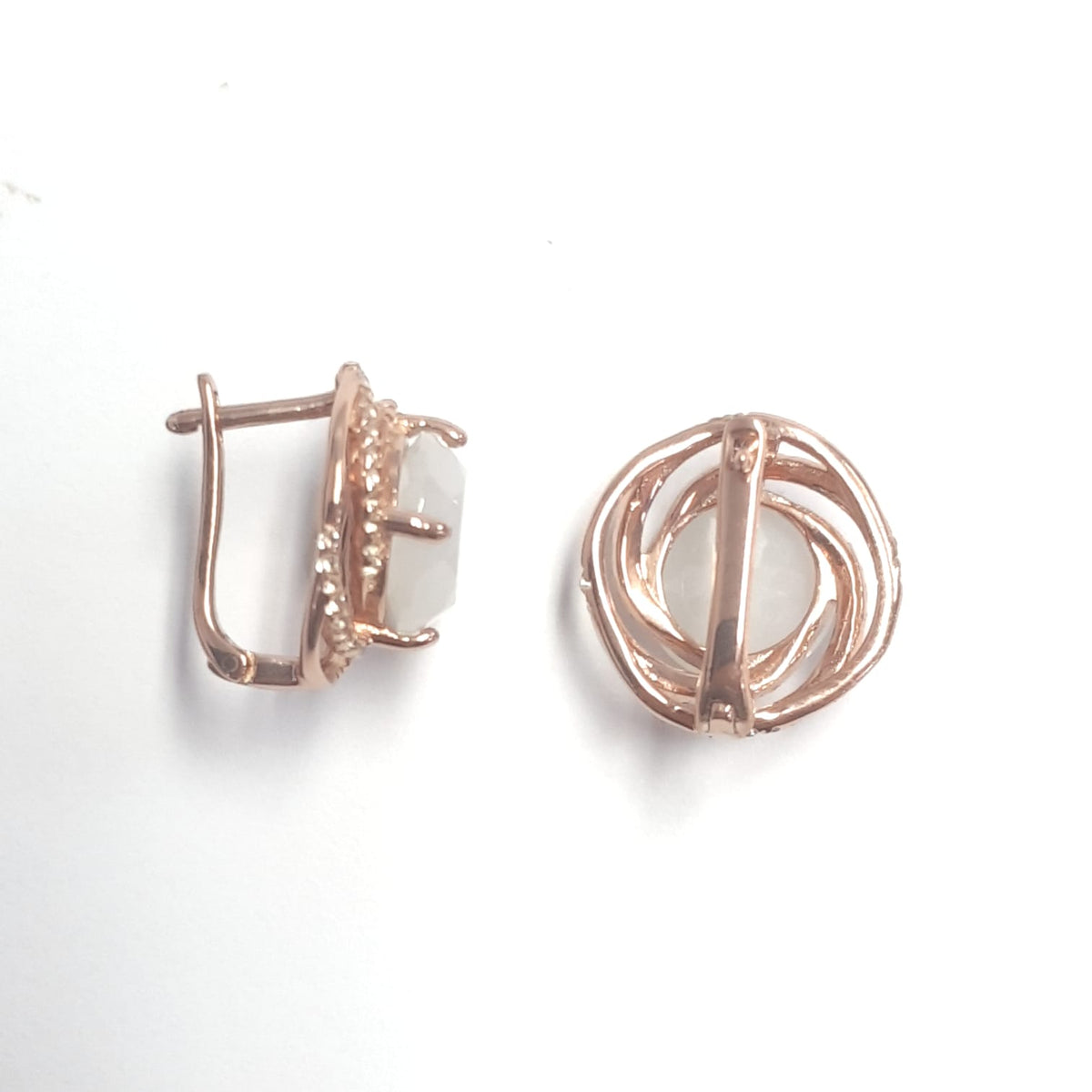 6 Ct Round White Rainbow Moonstone Prong 14K Rose Gold Over Silver Swirl Halo Stud Earrings