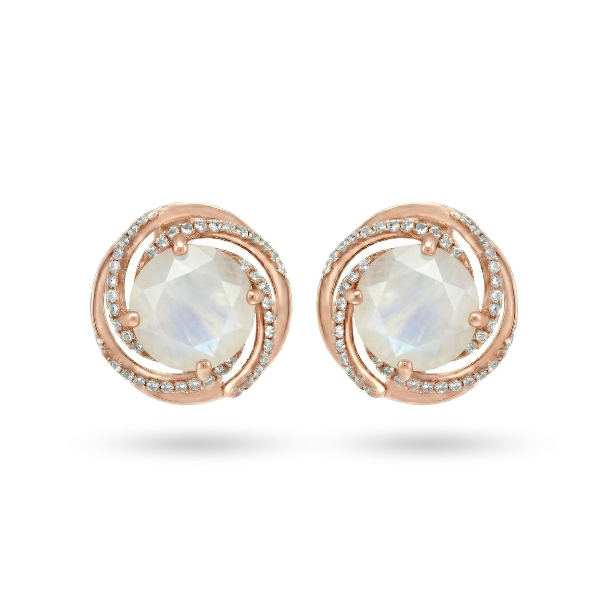6 Ct Round White Rainbow Moonstone Prong 14K Rose Gold Over Silver Swirl Halo Stud Earrings