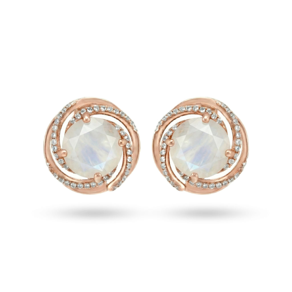 6 Ct Round White Rainbow Moonstone Prong 14K Rose Gold Over Silver Swirl Halo Stud Earrings