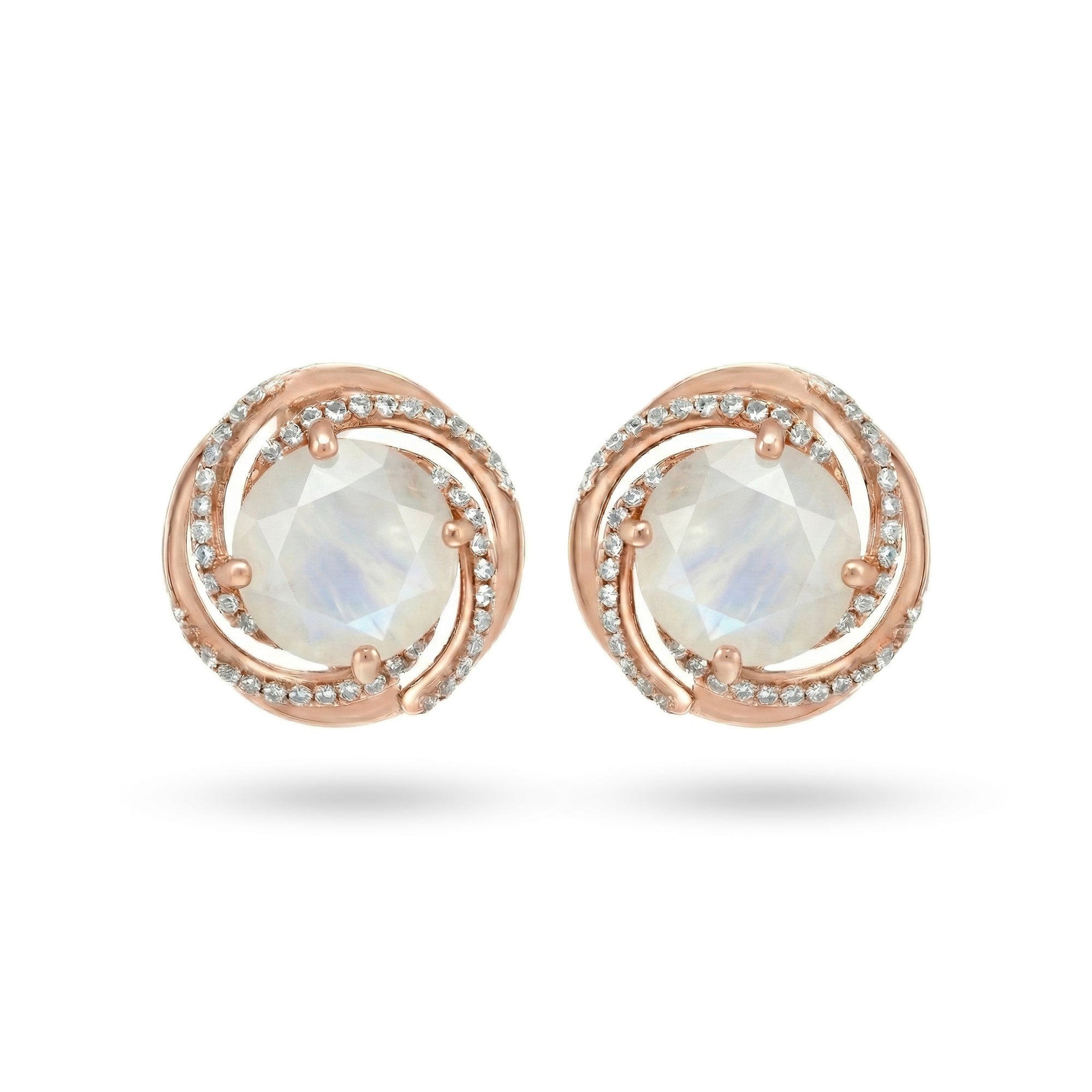 6 Ct Round White Rainbow Moonstone Prong 14K Rose Gold Over Silver Swirl Halo Stud Earrings