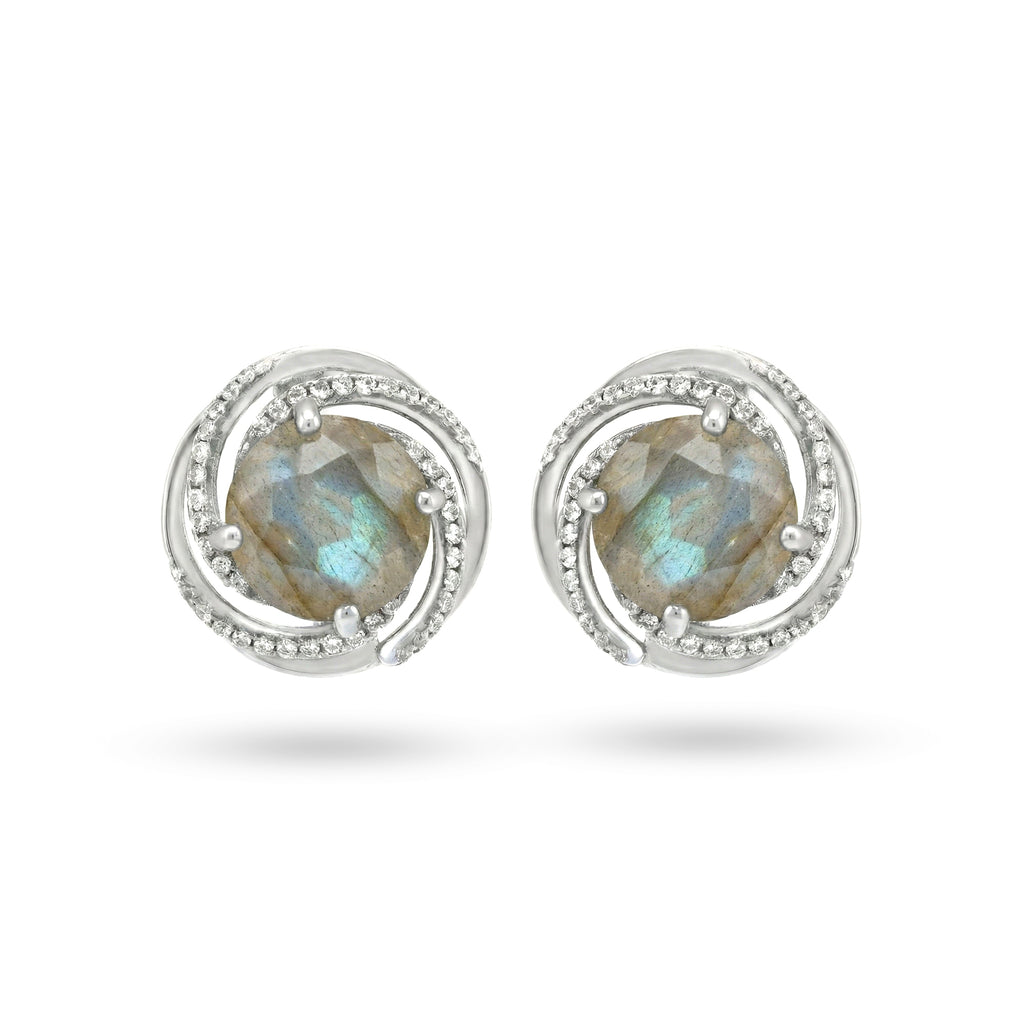6.22 Ct Round Gray Flashy Labradorite Prong Rhodium Over Silver Swirl Halo Stud Earrings
