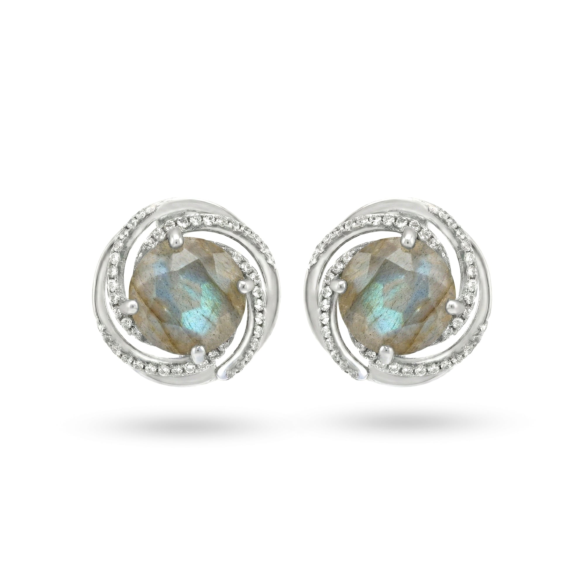6.22 Ct Round Gray Flashy Labradorite Prong Rhodium Over Silver Swirl Halo Stud Earrings