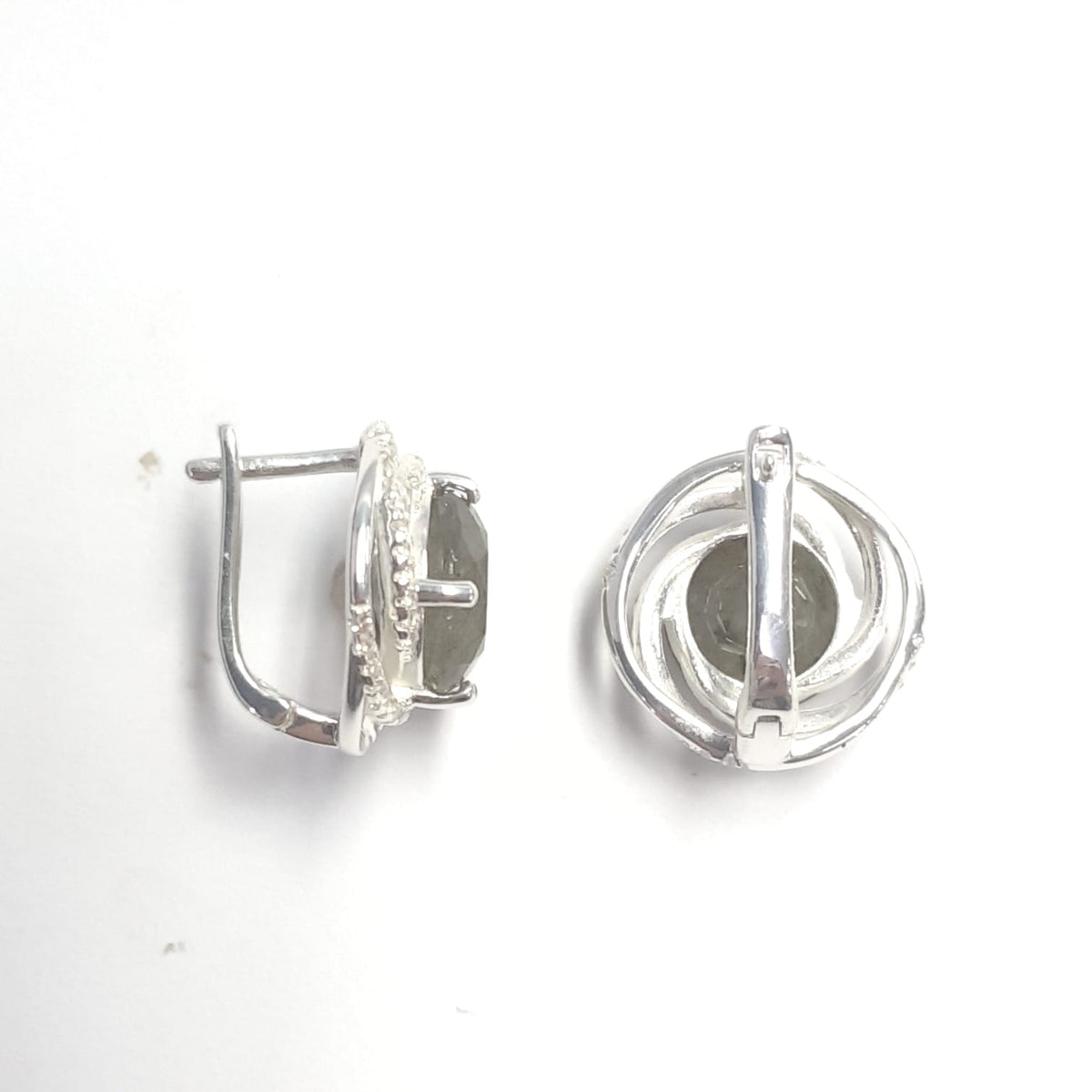 6.22 Ct Round Gray Flashy Labradorite Prong Rhodium Over Silver Swirl Halo Stud Earrings