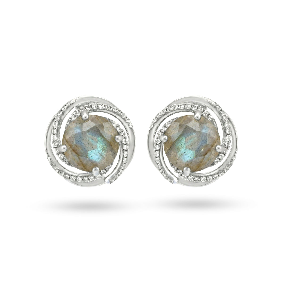 6.22 Ct Round Gray Flashy Labradorite Prong Rhodium Over Silver Swirl Halo Stud Earrings