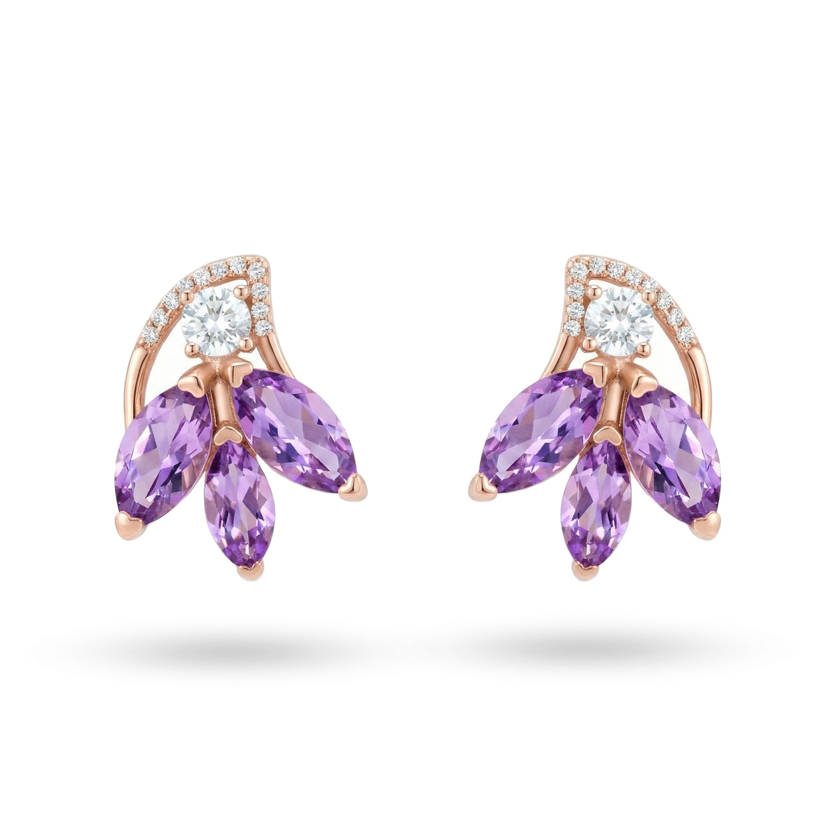 2.76 Ct Marquise Purple Amethyst Prong 14K Rose Gold Over Silver Floral Cluster Stud Earrings