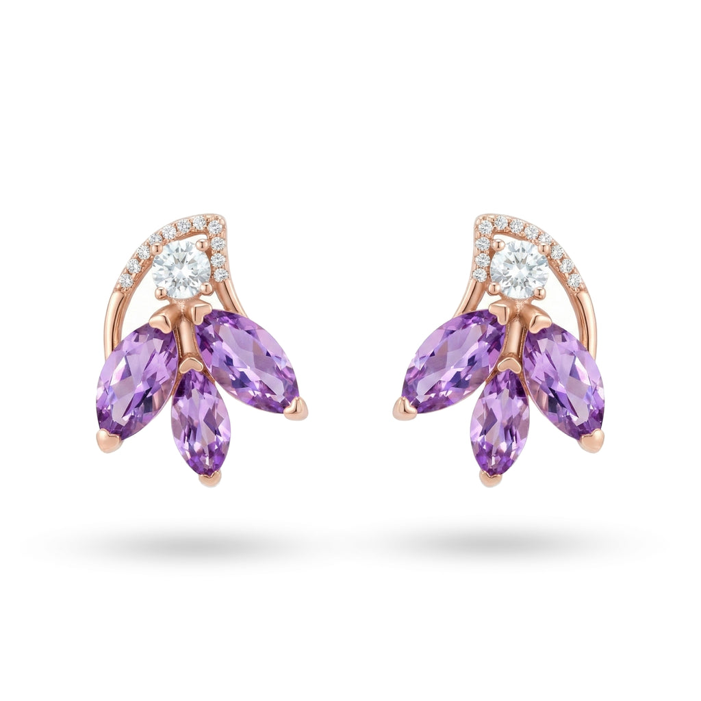 2.76 Ct Marquise Purple Amethyst Prong 14K Rose Gold Over Silver Floral Cluster Stud Earrings