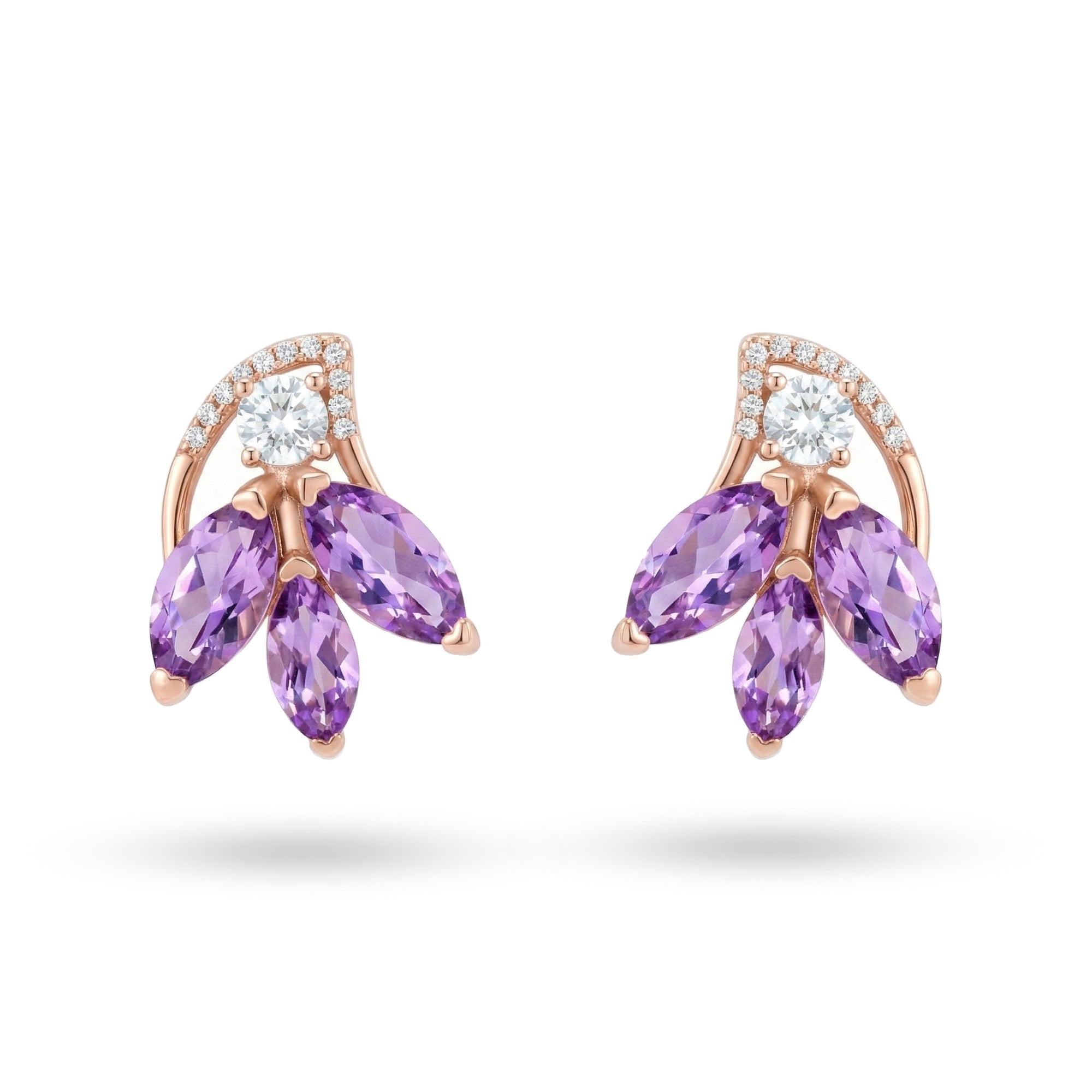 2.76 Ct Marquise Purple Amethyst Prong 14K Rose Gold Over Silver Floral Cluster Stud Earrings