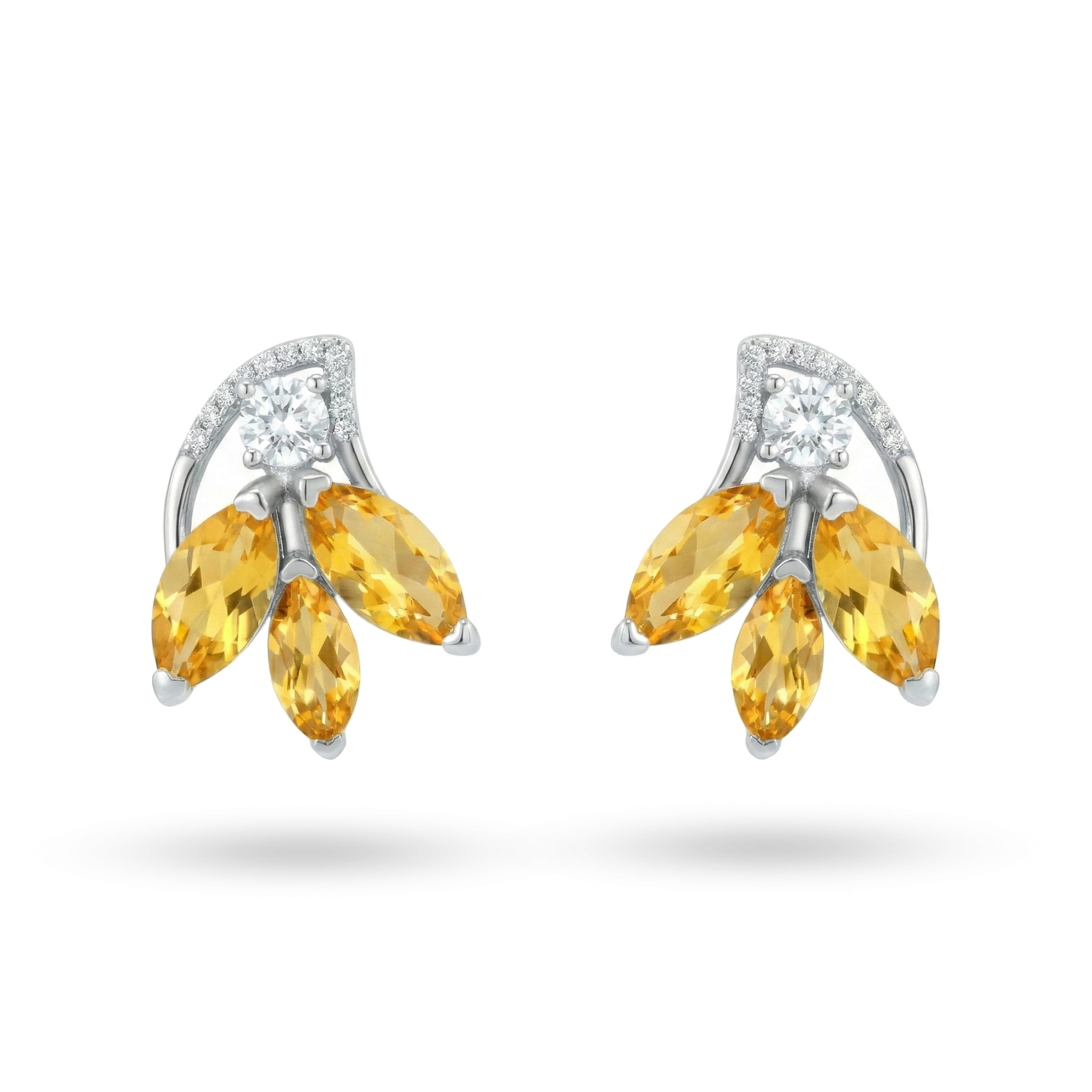 2.76 Ct Marquise Golden Yellow Citrine Prong Rhodium Over Silver Floral Cluster Stud Earrings