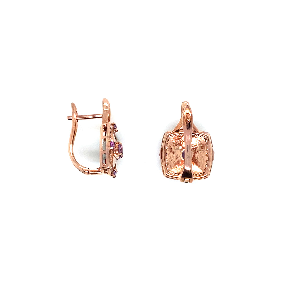 0.27 Ct Round Purple Amethyst Prong 14K Rose Gold Over Silver Cushion Pink Enamel Halo Huggie Drop Earrings
