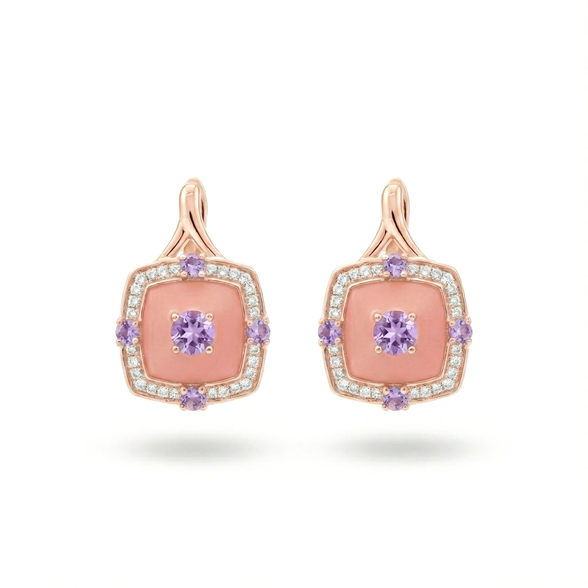 0.27 Ct Round Purple Amethyst Prong 14K Rose Gold Over Silver Cushion Pink Enamel Halo Huggie Drop Earrings