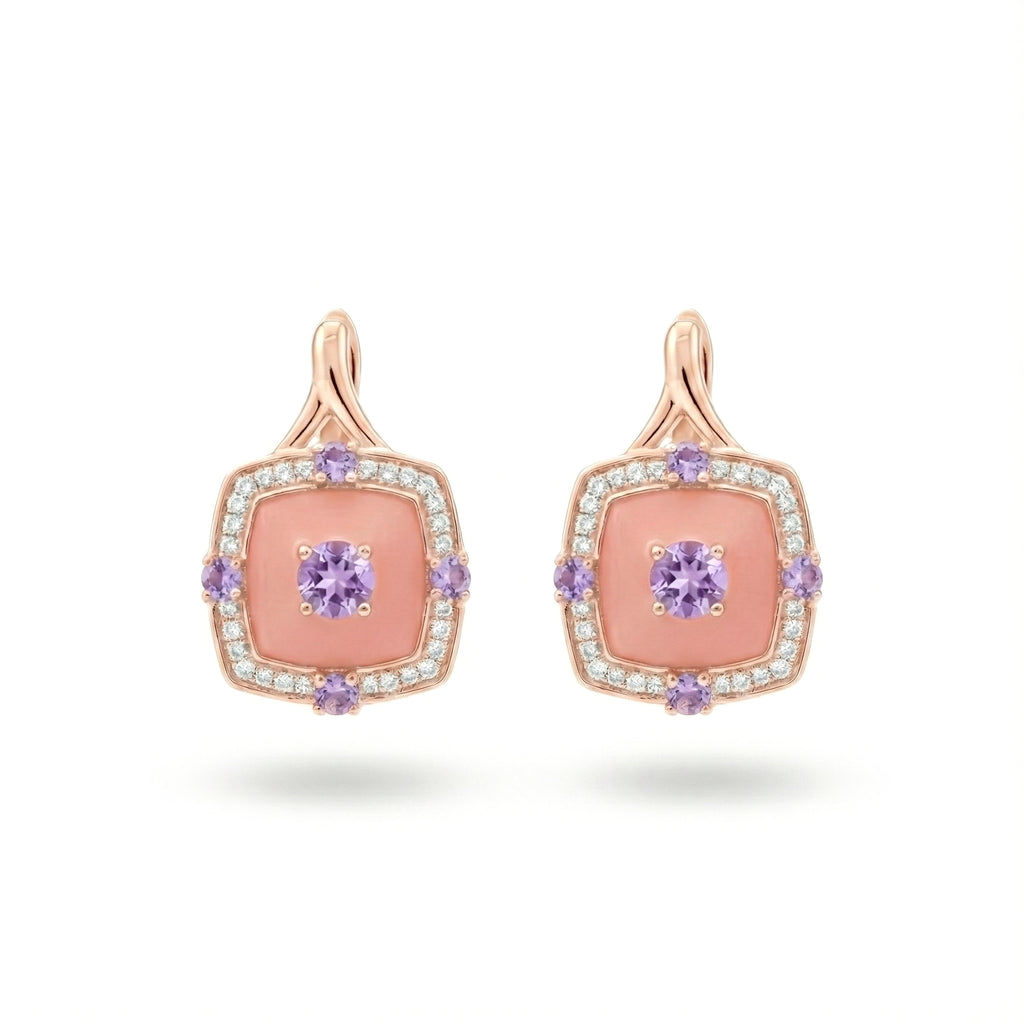 0.27 Ct Round Purple Amethyst Prong 14K Rose Gold Over Silver Cushion Pink Enamel Halo Huggie Drop Earrings