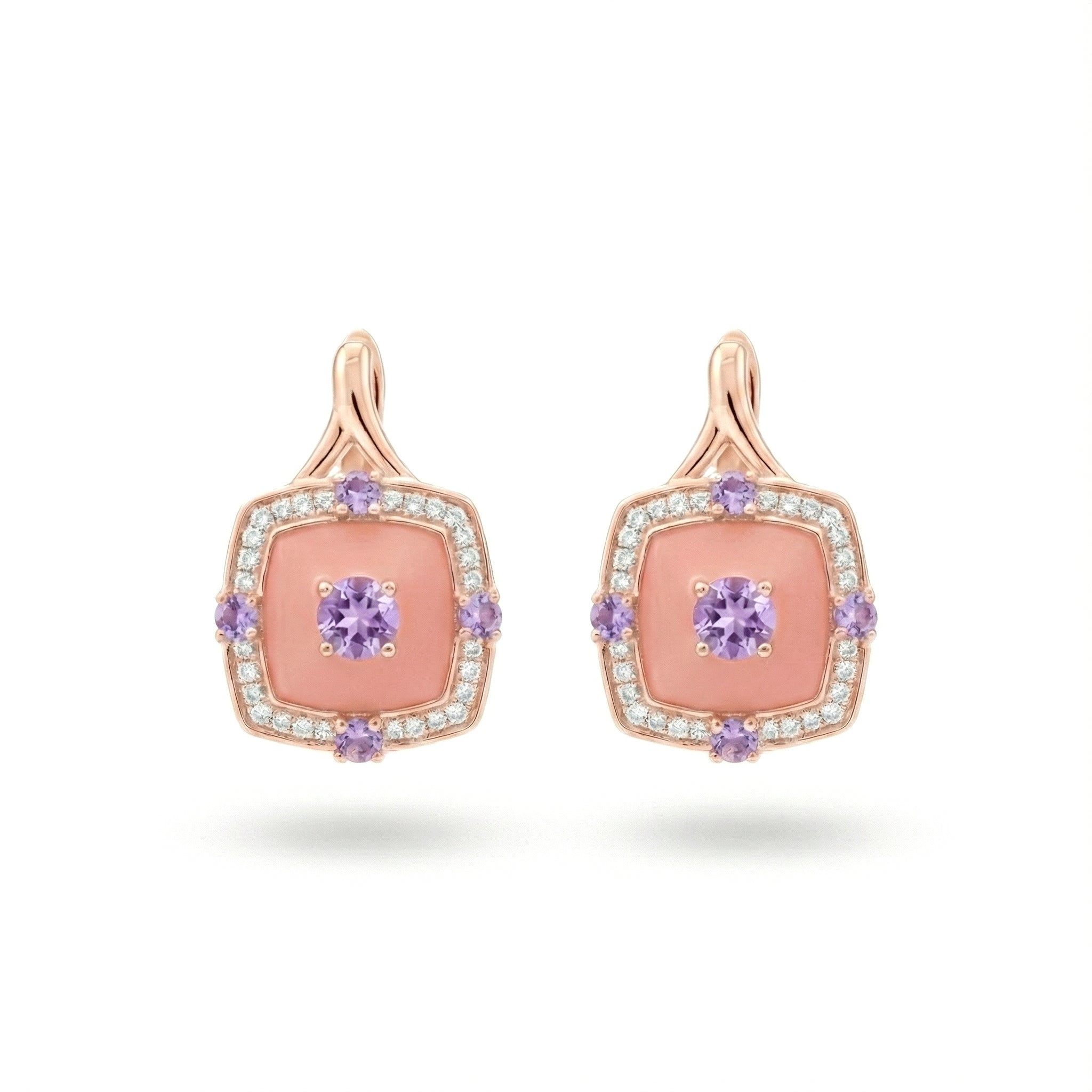 0.27 Ct Round Purple Amethyst Prong 14K Rose Gold Over Silver Cushion Pink Enamel Halo Huggie Drop Earrings