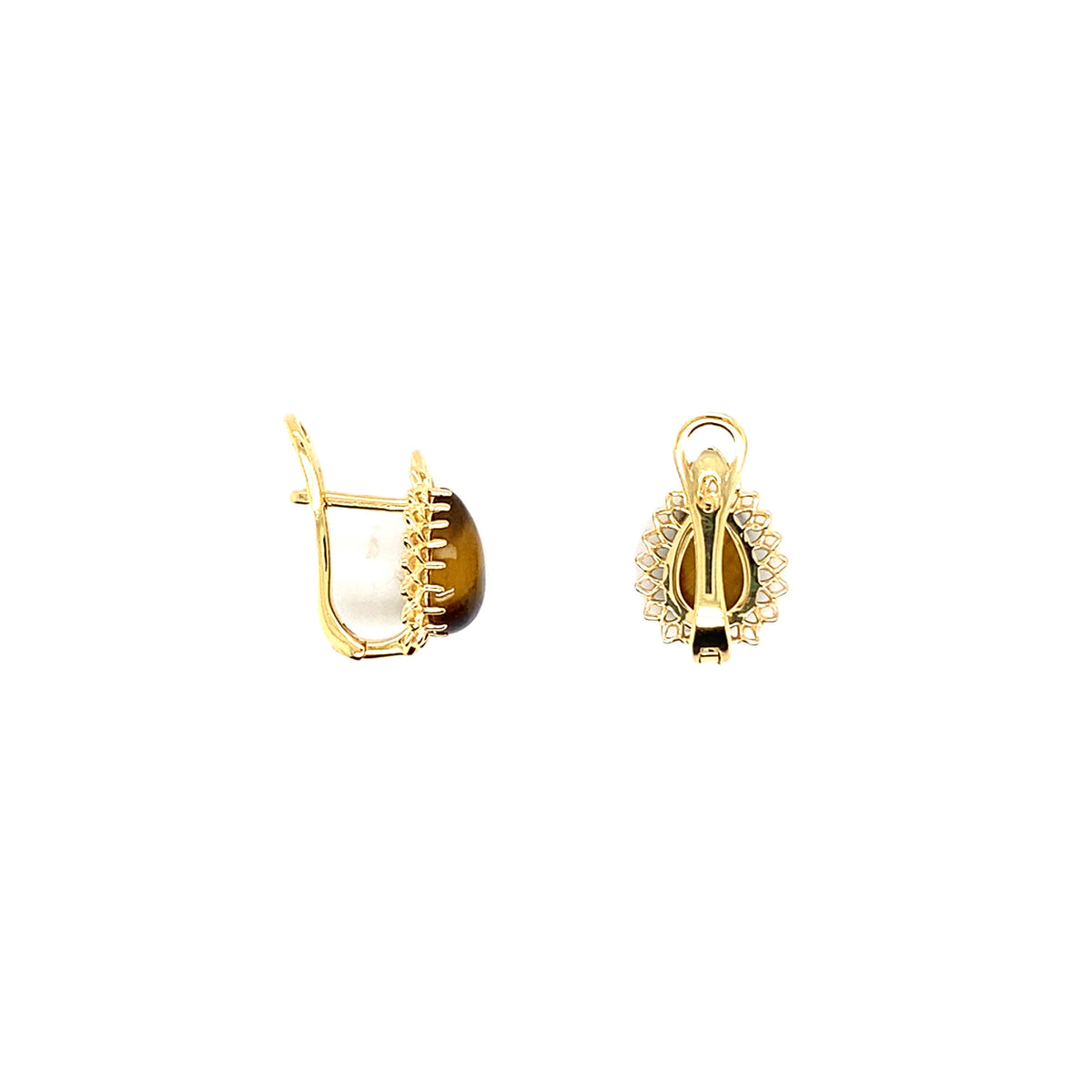 3.72 Ct Pear Golden Tiger Eye Prong 14K Yellow Gold Over Silver Sunburst Lace Huggie Drop Earrings