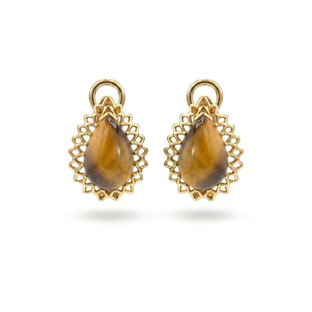 3.72 Ct Pear Golden Tiger Eye Prong 14K Yellow Gold Over Silver Sunburst Lace Huggie Drop Earrings
