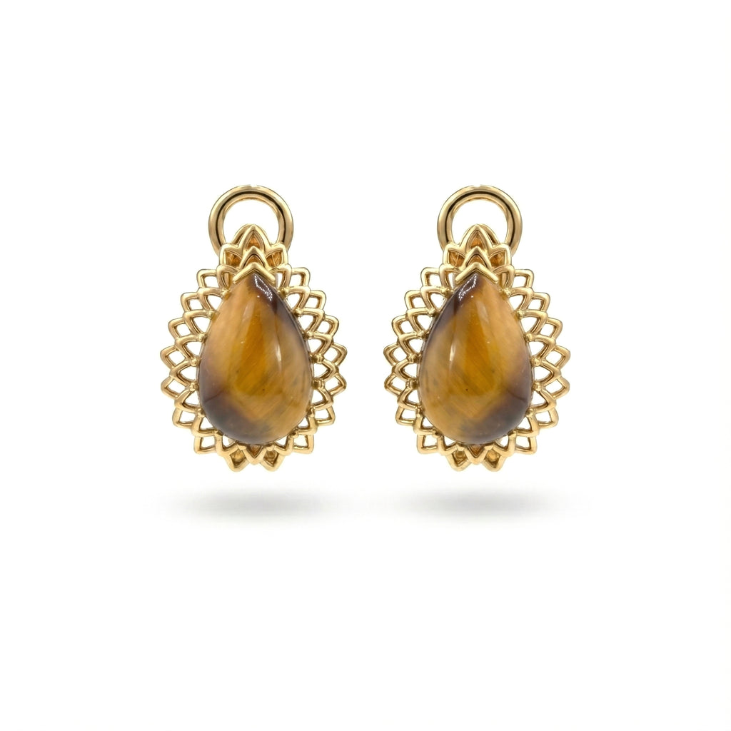 3.72 Ct Pear Golden Tiger Eye Prong 14K Yellow Gold Over Silver Sunburst Lace Huggie Drop Earrings