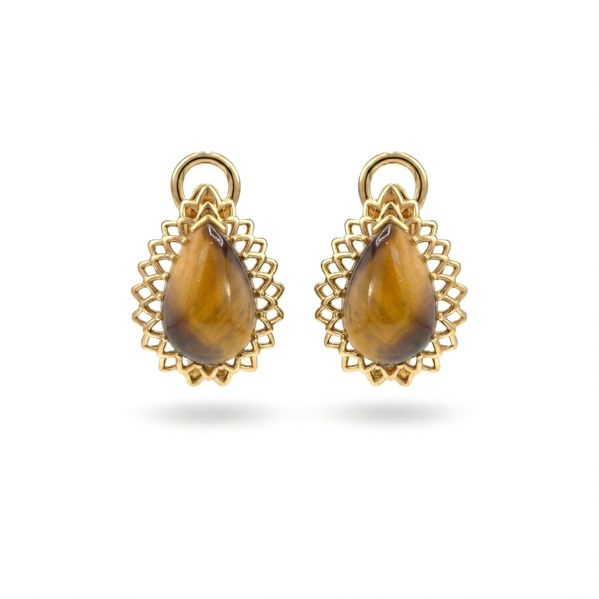 3.72 Ct Pear Golden Tiger Eye Prong 14K Yellow Gold Over Silver Sunburst Lace Huggie Drop Earrings