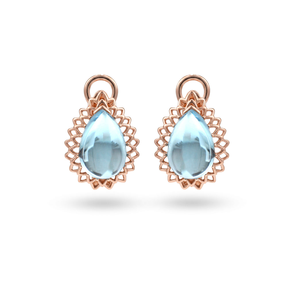 5 Ct Pear Sky Blue Topaz Prong 14K Rose Gold Over Silver Sunburst Lace Huggie Drop Earrings