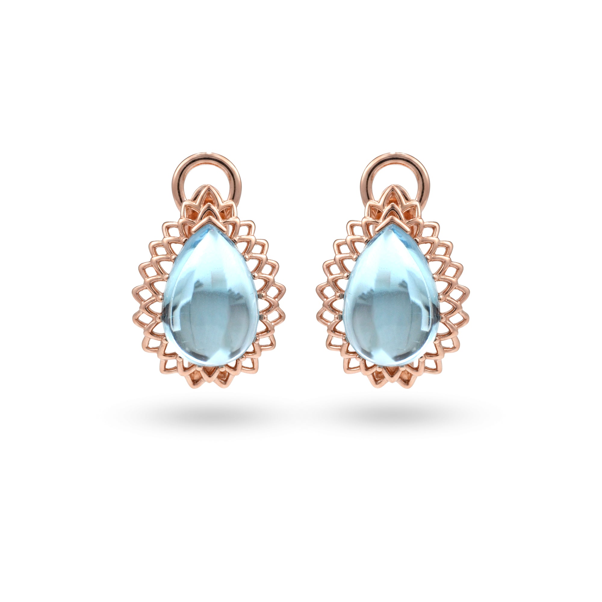 5 Ct Pear Sky Blue Topaz Prong 14K Rose Gold Over Silver Sunburst Lace Huggie Drop Earrings