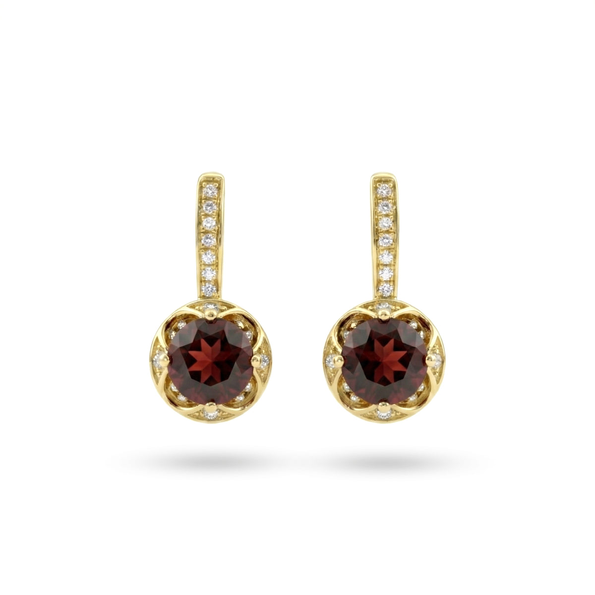 2.30 Ct Round Deep Red Garnet Prong 14K Gold Over Silver Filigree Halo Leverback Drop Earrings