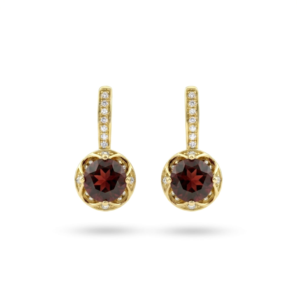 2.30 Ct Round Deep Red Garnet Prong 14K Gold Over Silver Filigree Halo Leverback Drop Earrings