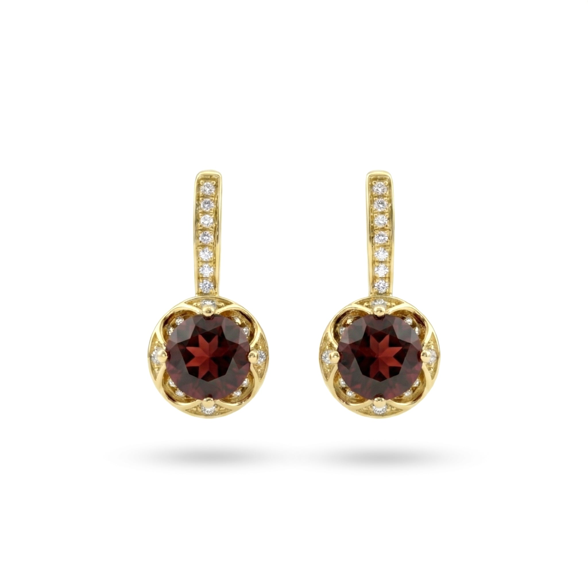 2.30 Ct Round Deep Red Garnet Prong 14K Gold Over Silver Filigree Halo Leverback Drop Earrings
