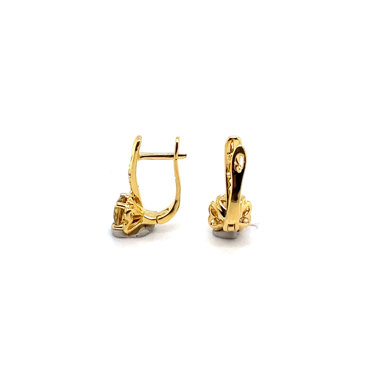 0.76 Ct Round Golden Yellow Whisky Quartz Prong 14K Gold Over Silver Floral Halo Leverback Drop Earrings