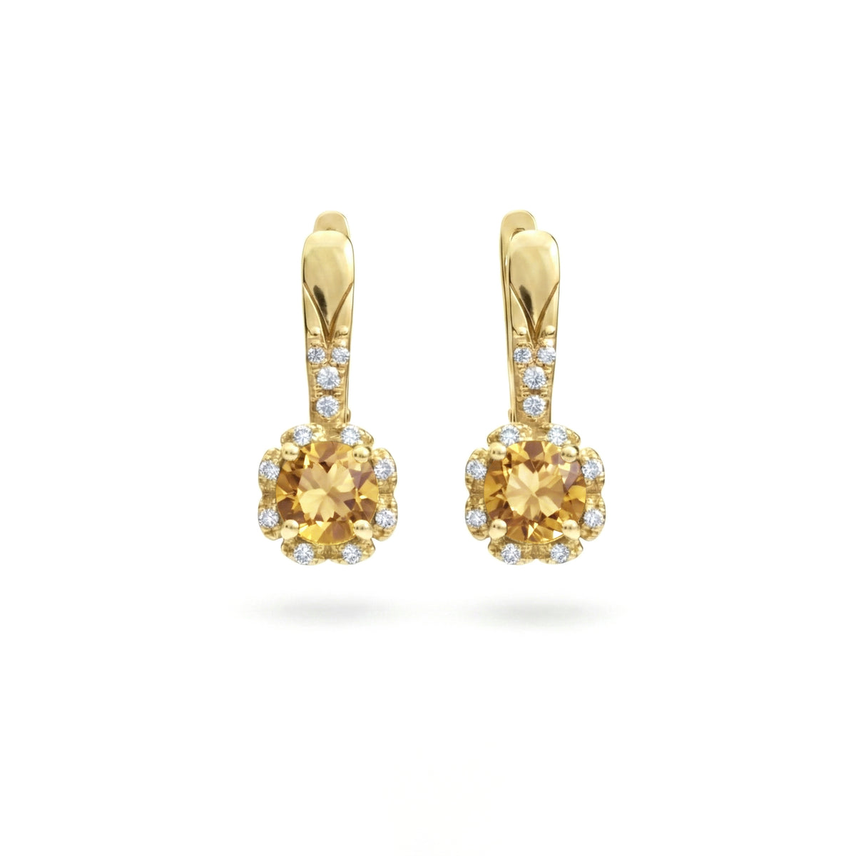 0.76 Ct Round Golden Yellow Whisky Quartz Prong 14K Gold Over Silver Floral Halo Leverback Drop Earrings