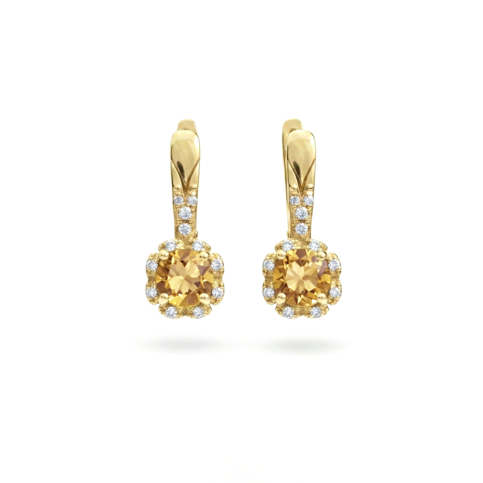 0.76 Ct Round Golden Yellow Whisky Quartz Prong 14K Gold Over Silver Floral Halo Leverback Drop Earrings