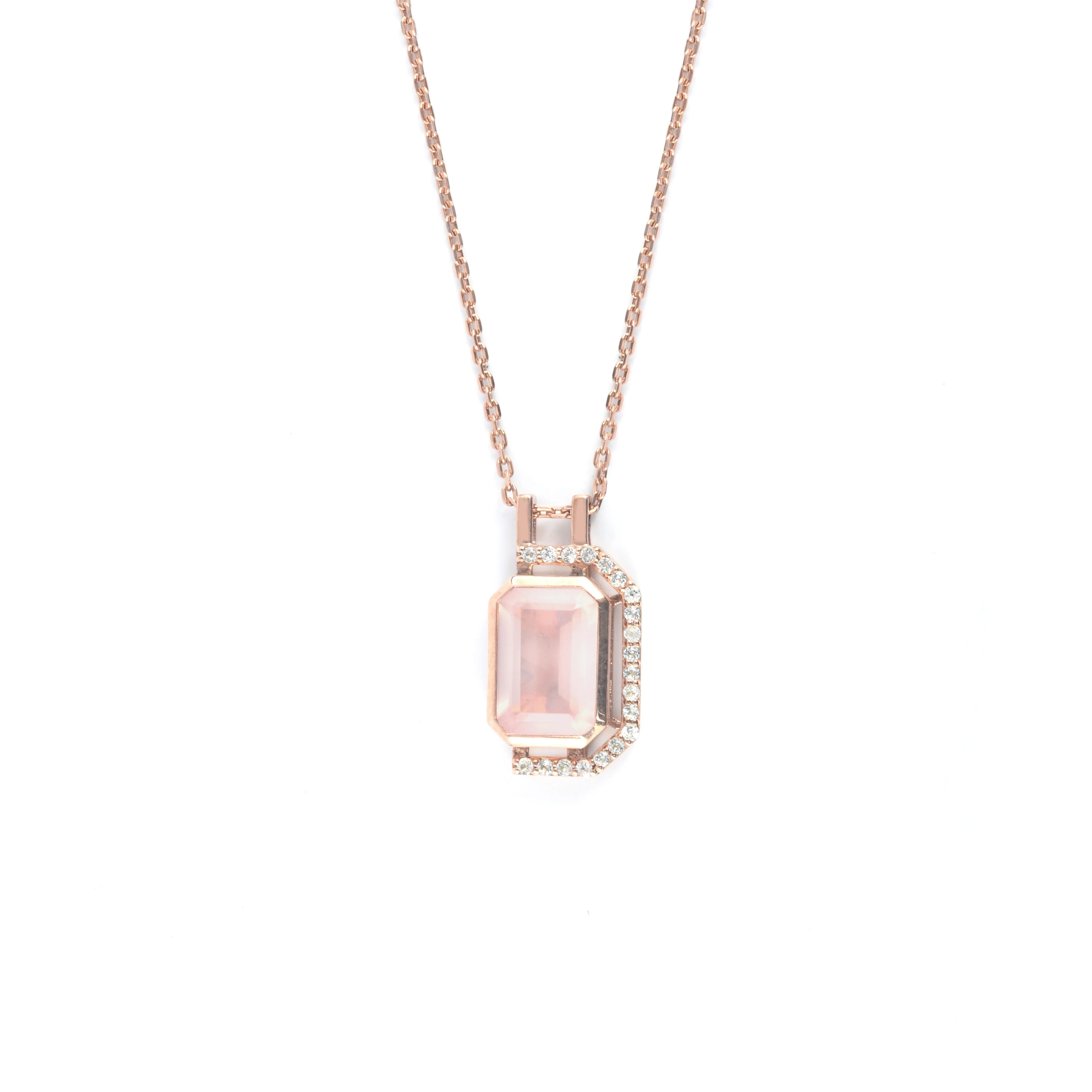 Pink Gold Rose Quartz Emerald Cut Pendant Necklace