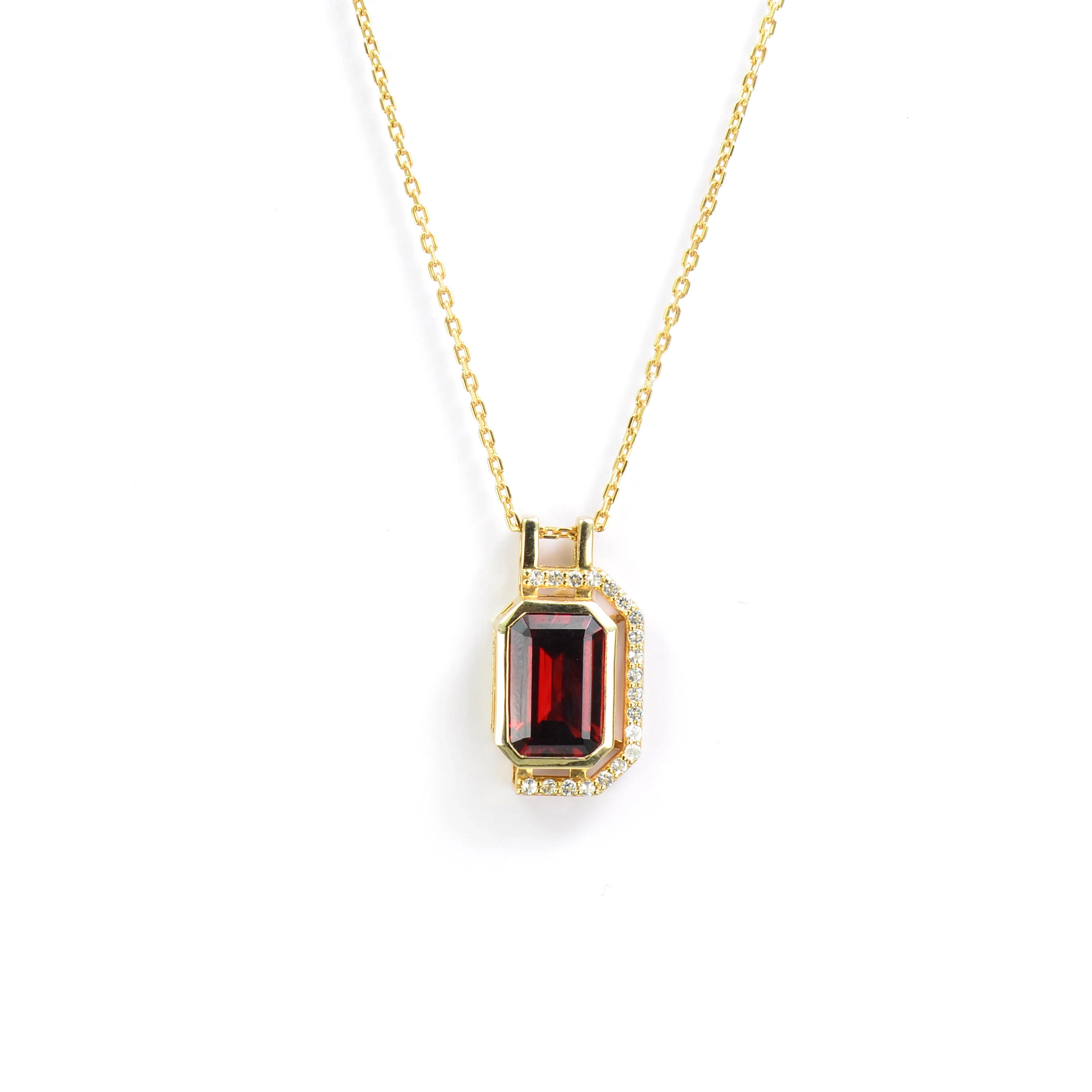 Natural Emerald Cut Red Garnet Pendant Necklace