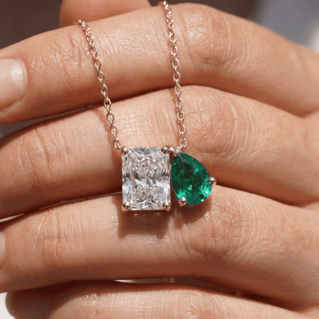 2.50 Cttw Pear Emerald, Ruby, Sapphire and Lab Diamond 14K Yellow Gold Toi et Moi Pendant Necklace