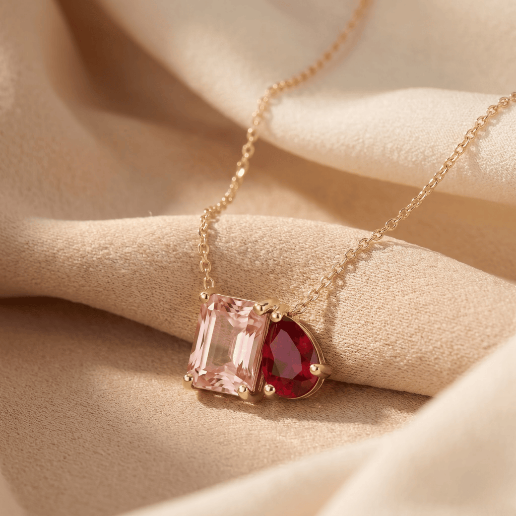 2.50 Cttw Pear Red Ruby and Morganite 14k Yellow Gold Toi et Moi Pendant Necklace