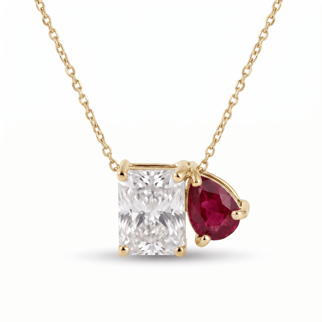 2.50 Cttw Pear Emerald, Ruby, Sapphire and Lab Diamond 14K Yellow Gold Toi et Moi Pendant Necklace