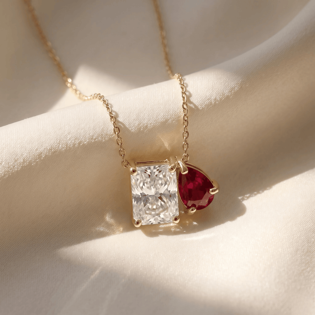 2.50 Cttw Pear Emerald, Ruby, Sapphire and Lab Diamond 14K Yellow Gold Toi et Moi Pendant Necklace