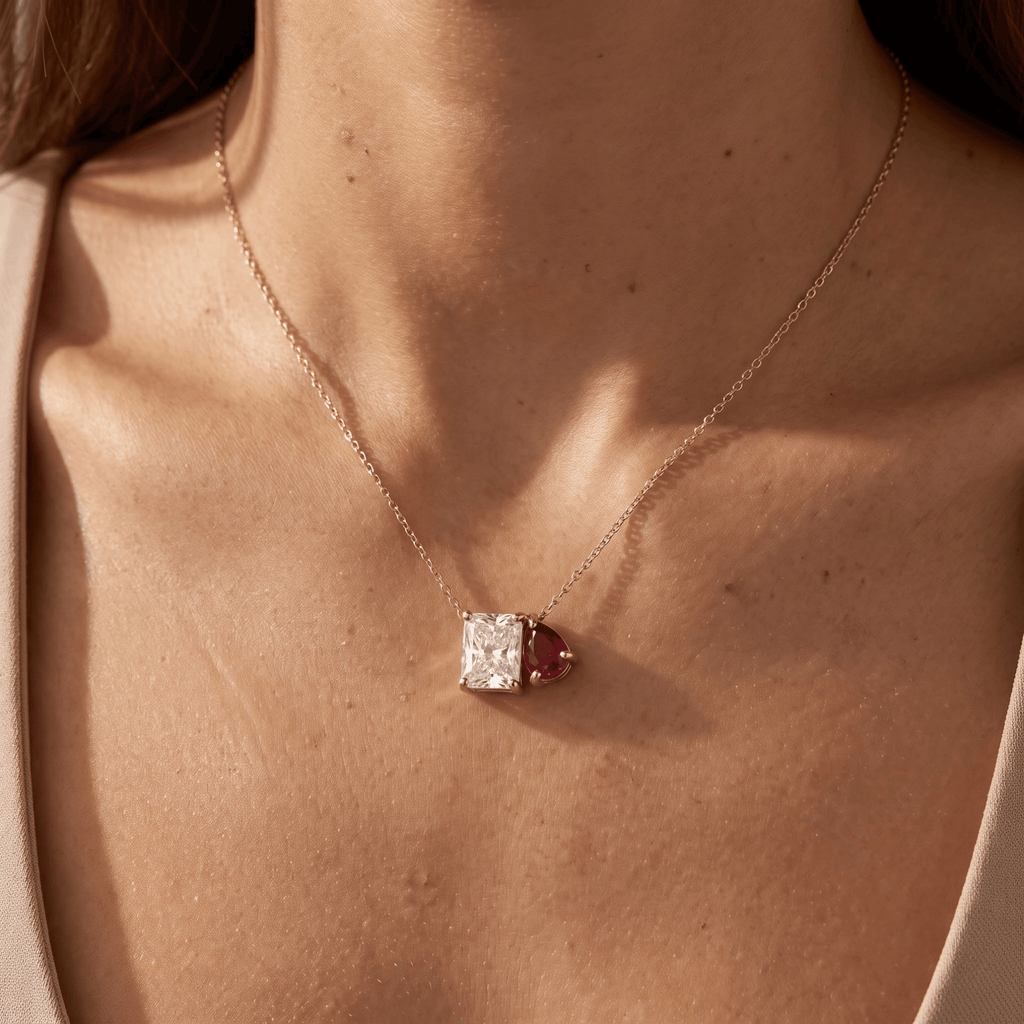 2.50 Cttw Pear Emerald, Ruby, Sapphire and Lab Diamond 14K Yellow Gold Toi et Moi Pendant Necklace