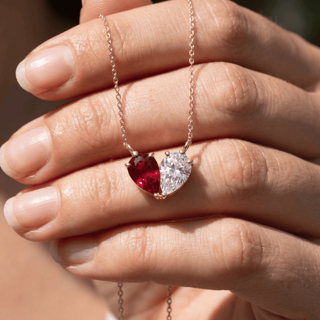 4.44 Cttw Pear Emerald, Ruby, Sapphire and Lab Diamond 14K Yellow Gold Toi et Moi Heart Pendant Necklace