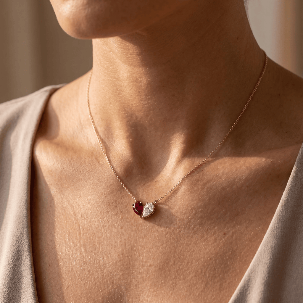 4.44 Cttw Pear Emerald, Ruby, Sapphire and Lab Diamond 14K Yellow Gold Toi et Moi Heart Pendant Necklace